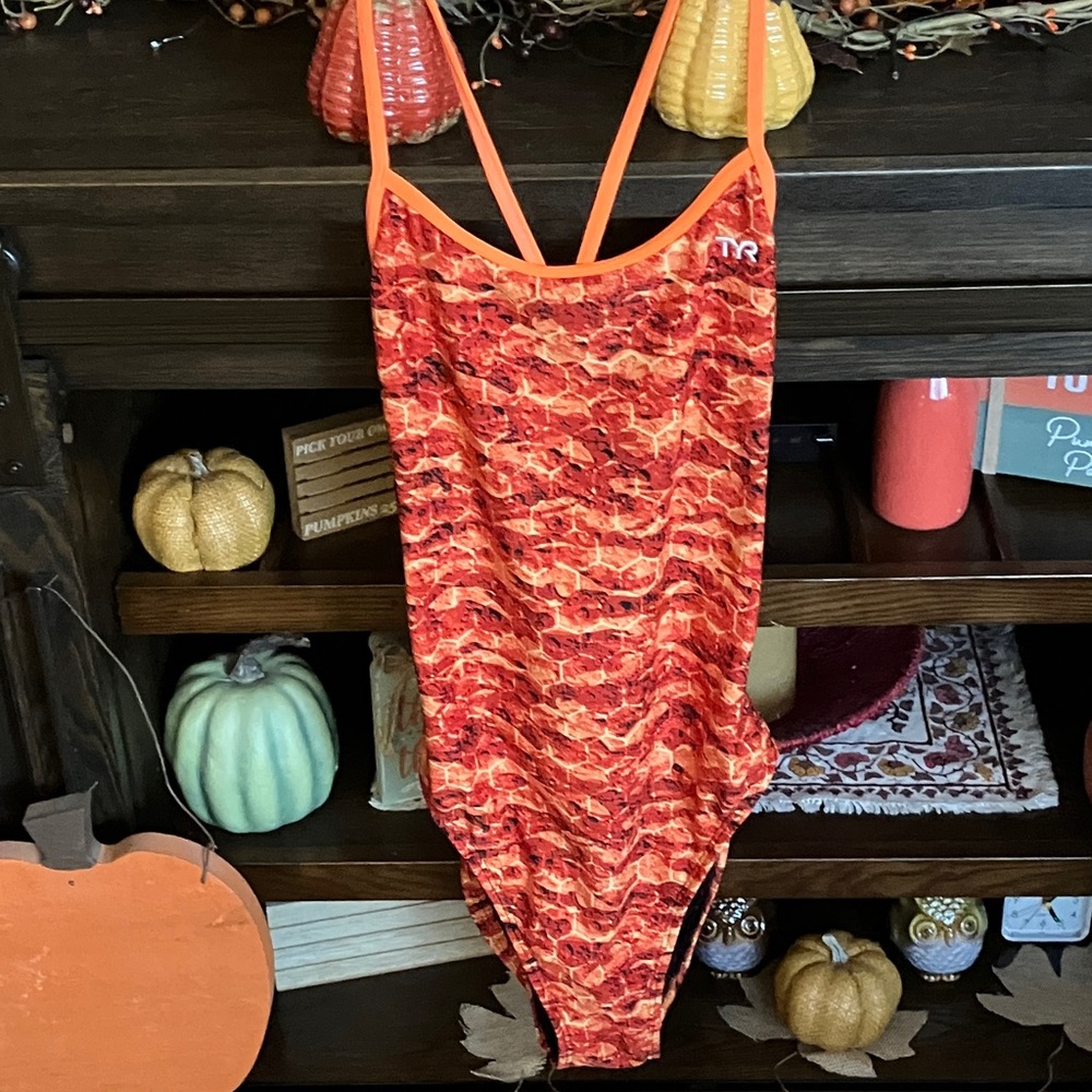 TYR Orange and Red Swimsuit with Dynamic Design and a sleek look.